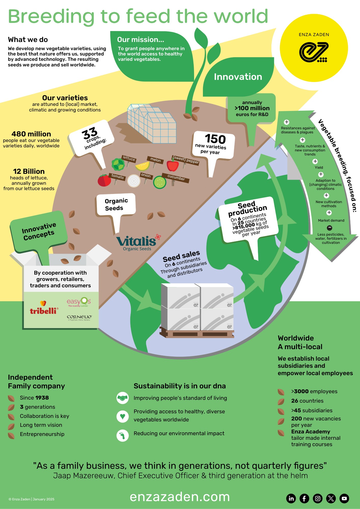 Infographic on the activities of Enza Zaden: breeding to feed the world. Vegetable breeding and selling the seeds